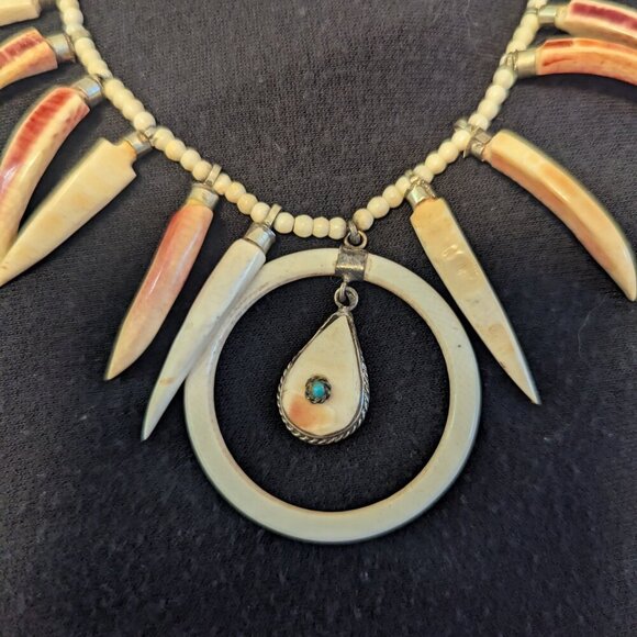Native Coral Necklace Spikey Shell Silver Turquoise Pendent Beaded Vintage - Picture 3 of 7